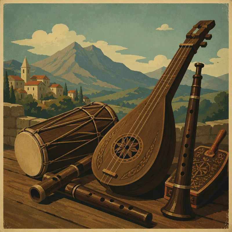 Perinteisiä puisia kansanmusiikki-instrumentteja pöydällä