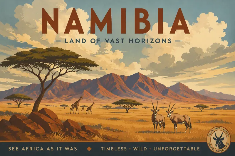Namibian avara savannimaisema ja kaukaisia vuoria