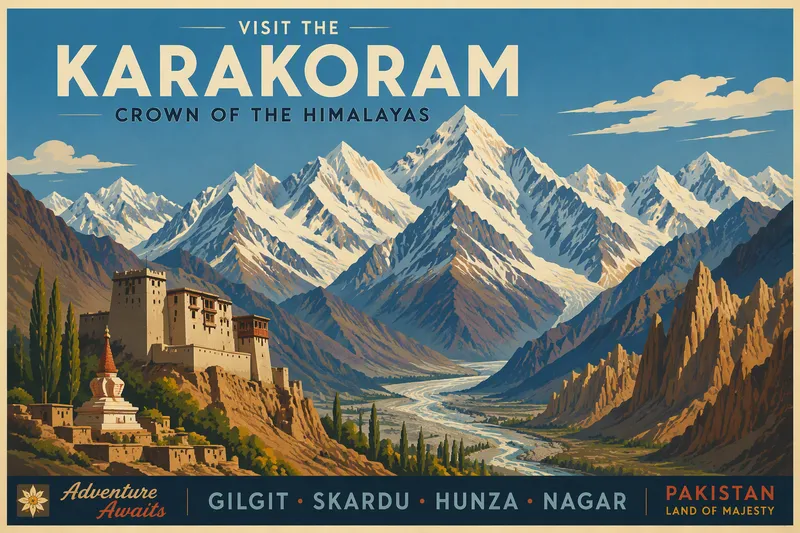 Lumihuipuiset Karakoram-vuoret kirkkaan sinisen taivaan alla