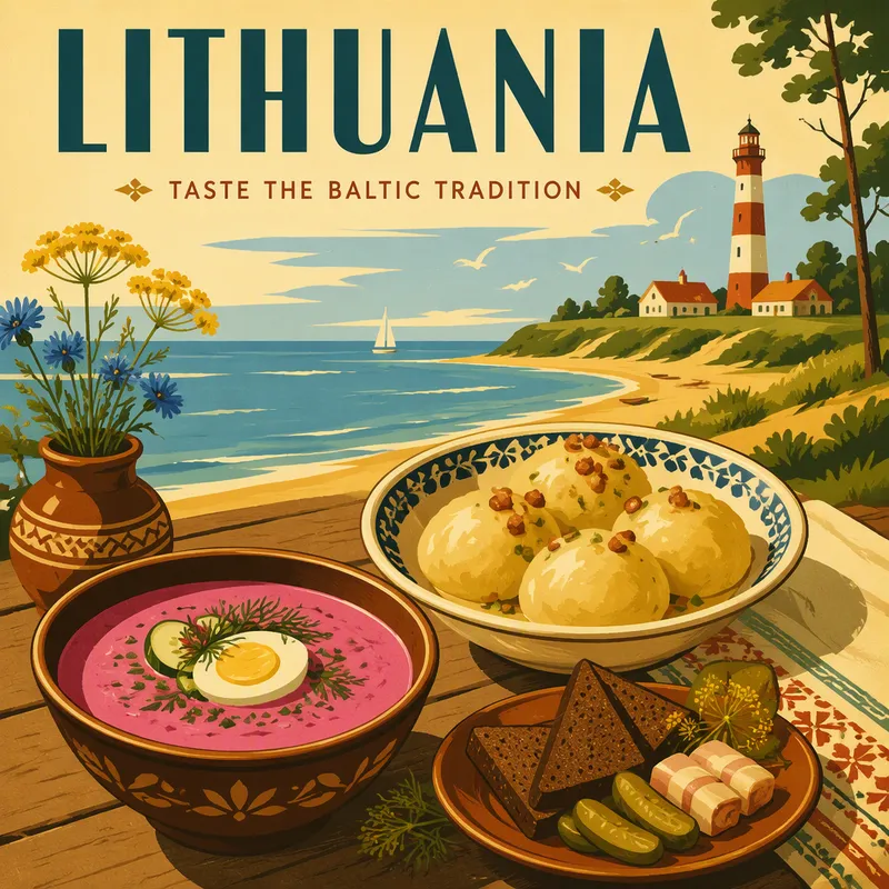 Perinteisiä liettualaisia ruoka-annoksia tarjoiltuna pöydässä