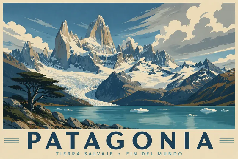 Patagonian lumihuippuiset vuoret ja jäätikköjärvi