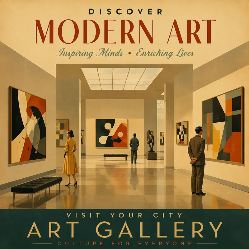 Moderni ja avara taidegalleria täynnä näyttelyesineitä