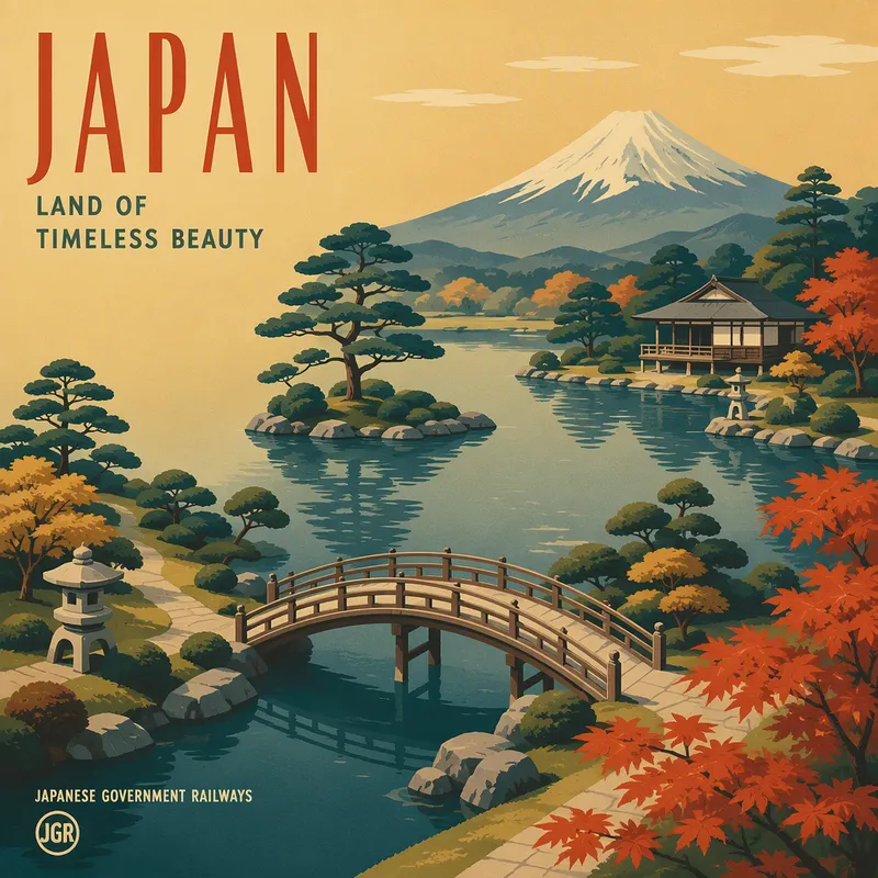 Japanilainen puutarha lammen ja sillan kera