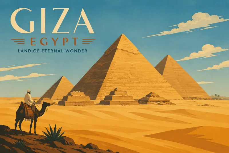Gizan pyramidit nousevat hiekkaisesta autiomaasta kirkkaan taivaan alla