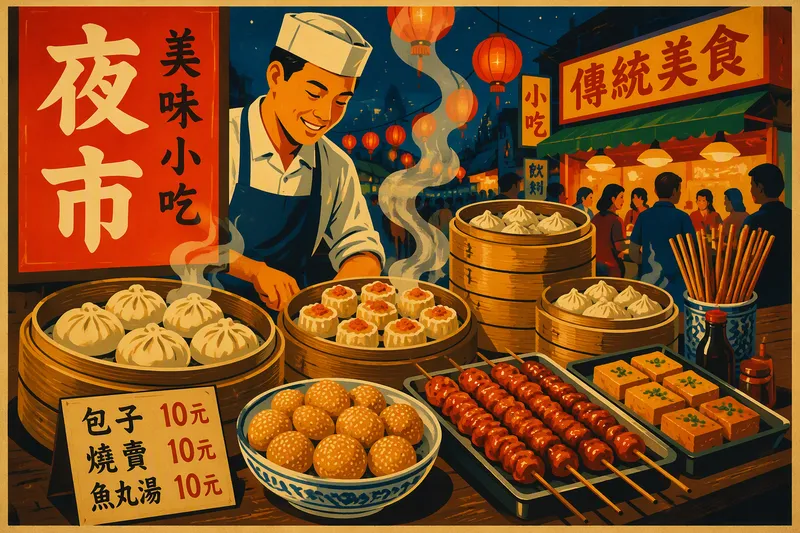 Höyryäviä taiwanilaisia katuruokaherkkuja katuruokakojulla Höyryäviä taiwanilaisia katuruokaherkkuja katuruokakojulla