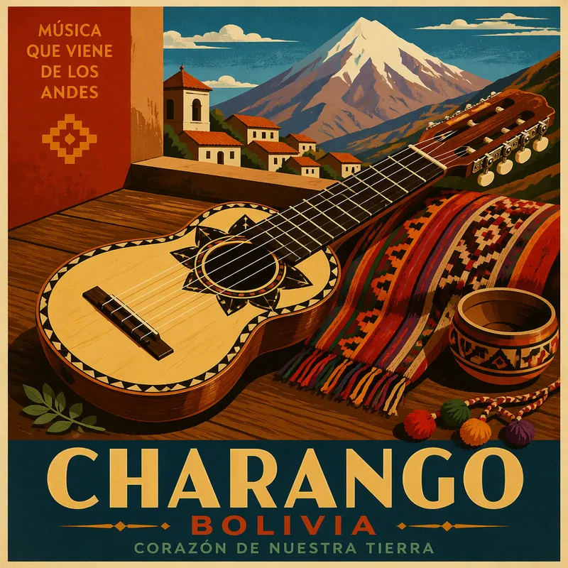 Perinteinen charango-soitin puupöydällä