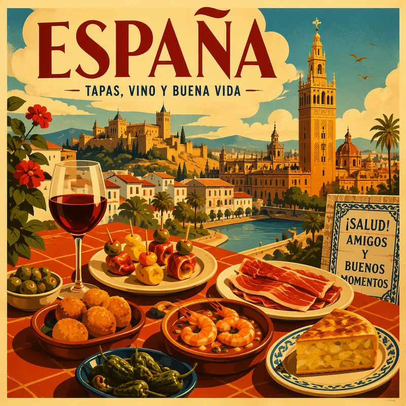 Perinteisiä espanjalaisia tapaksia ja lasi viiniä