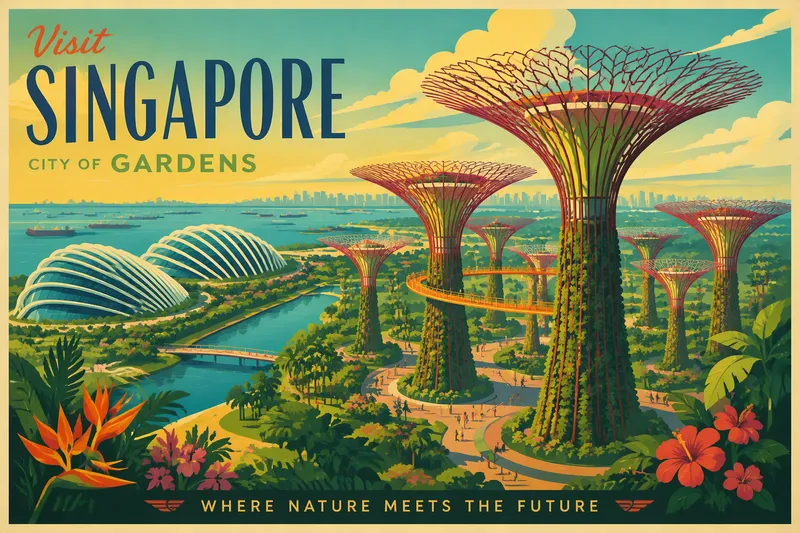 Futuristinen puistoalue ja trooppisia puutarhoja