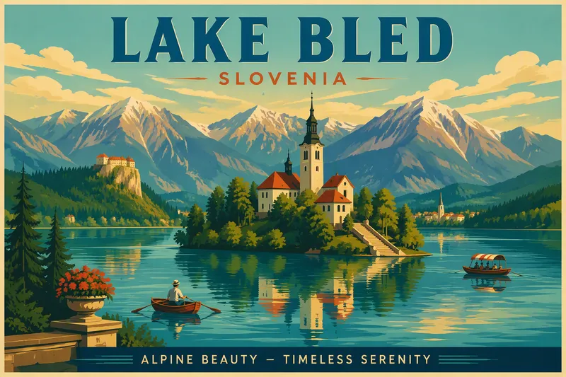 Alppijärvi, kirkko saarella ja vuoristo