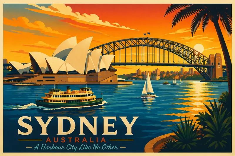 Sydneyn oopperatalo ja satamasilta auringonlaskun aikaan