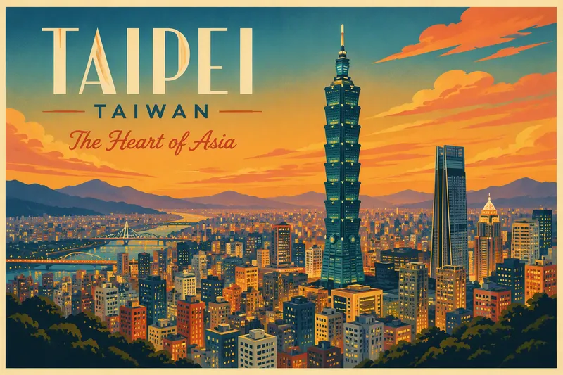 Taipein moderni kaupunkimaisema hämärässä