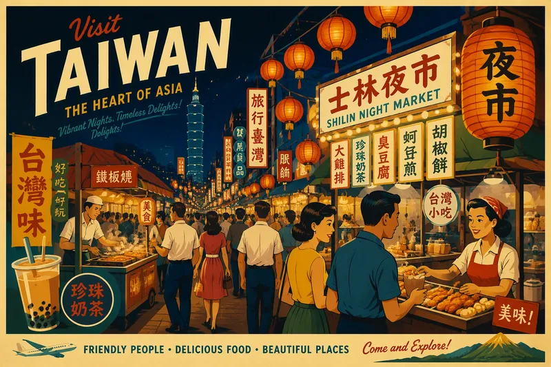 Vilkas yömarkkinatunnelma Taiwanissa