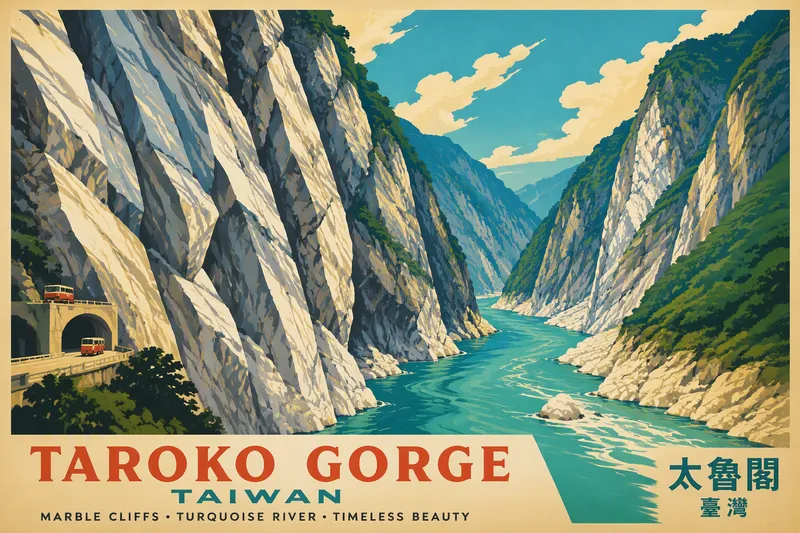 Taroko Gorgen jyrkät kallioseinämät ja virtaava joki