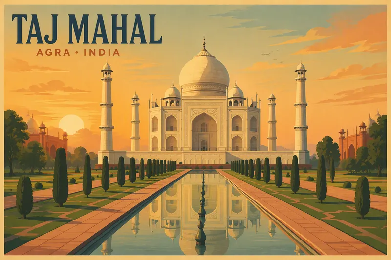 Taj Mahal auringonnousun aikaan heijastusaltaan rannalla