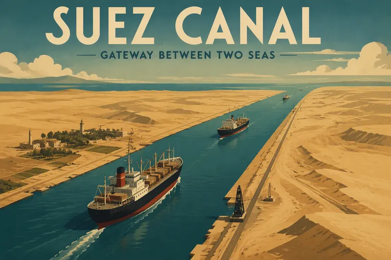 Suez-kanava ja rahtilaiva aavikkomaisemassa