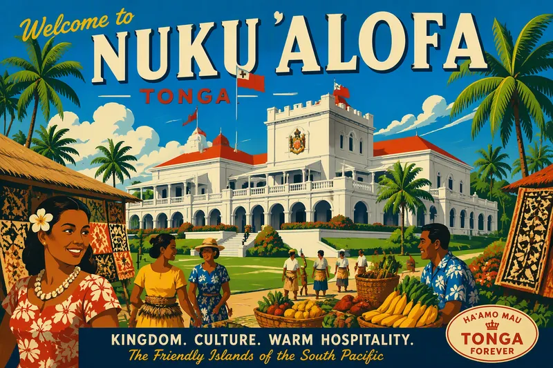 Tongan kuninkaallinen palatsi vehreän puutarhan ympäröimänä Tongan kuninkaallinen palatsi vehreän puutarhan ympäröimänä