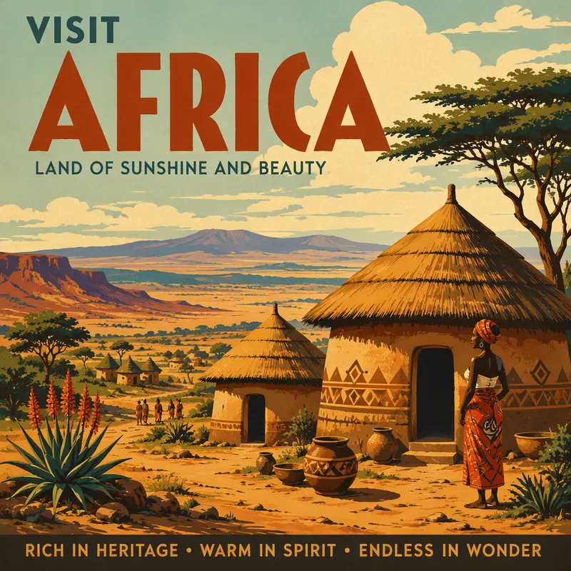 Perinteisiä afrikkalaisia kylätaloja ja olkikattoja maaseudulla