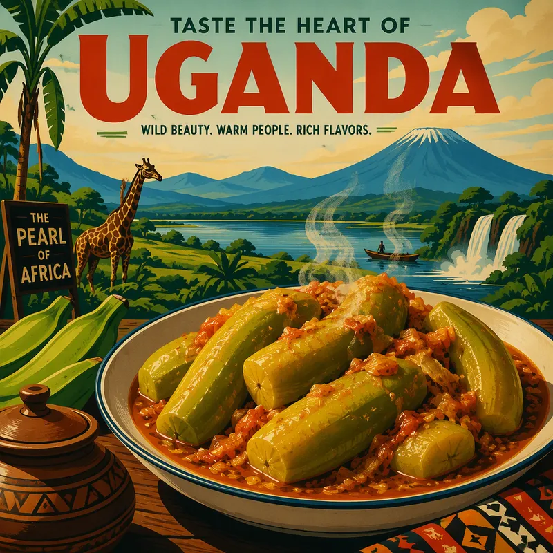 Perinteinen ugandalainen matoke-annos tarjoiltuna