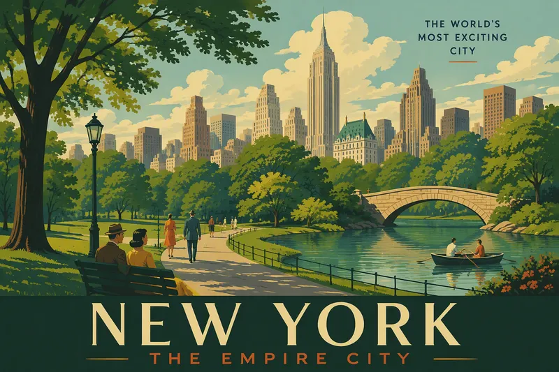 Puistoalue vehreine nurmikkoineen ja puineen New Yorkissa