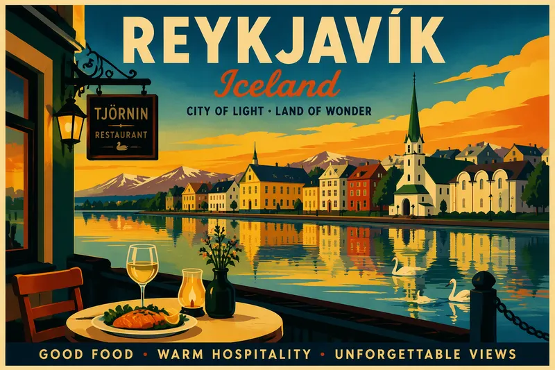 Ravintola Við Tjörnina sijaitsee kauniin Tjörnin-järven rannalla