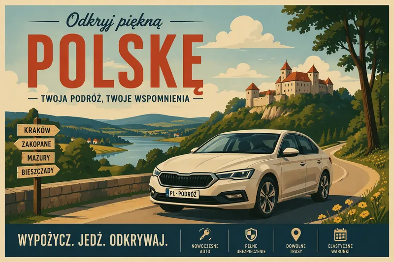 Moderni vuokra-auto maisematiellä Puolassa