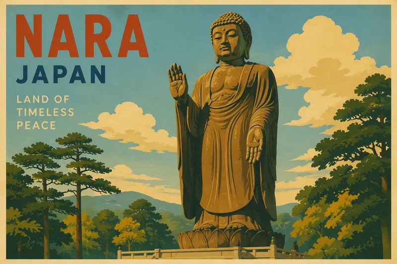 Suuri pronssinen Buddhapatsas ulkona puujen ympäröimänä