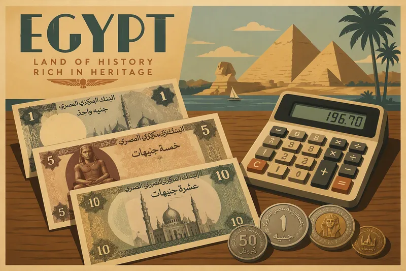 Egyptiläisiä seteleitä ja kolikoita puupöydällä laskimen kanssa